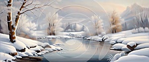 Banner winter landscape with trees and river, seasonal postcard generative ai.