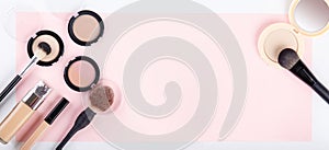 Banner of woman`s cosmetics on pink background.