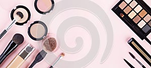 Banner of woman`s cosmetics on pink background.