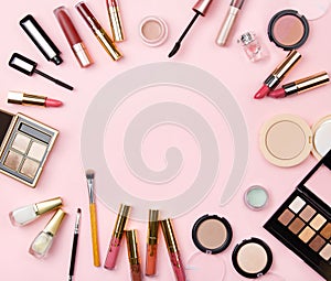 Banner of woman`s cosmetics on pink background.