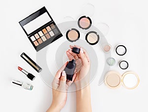 Banner of woman`s cosmetics on white background.