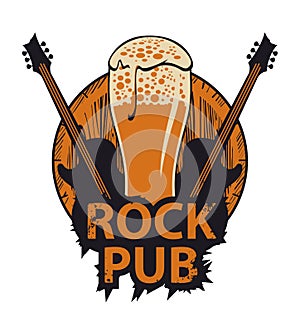 Banner with wooden keg, beer glass and guitars