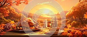 Banner wooden table with roast turkey with fruits, vegetables. Autumn leaves in the background view of the valley. Turkey as the