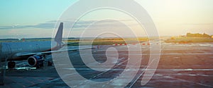 banner wor website, airplane taking off from the airport. fragment of the body of aircraft. business travel concept vintage style