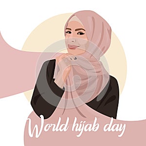 The banner of the World Hijab Day. A Muslim woman in a hijab. Arab woman. 1 February. Happy World Women's Day in