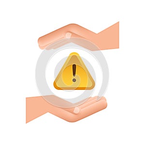Banner with yellow scam alert over hands. Attention sign. Cyber security icon. Caution warning sign sticker. Flat