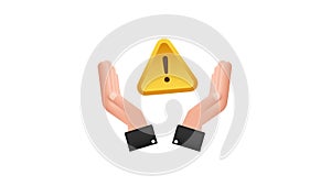 Banner with yellow scam alert over hands. Attention sign. Cyber security icon. Caution warning sign sticker. Flat