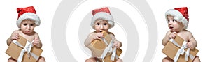 BannerAdorable newborn baby wearing Santa Claus hat, Christmas, New Year holding a gift with a white ribbon. child on an isolated