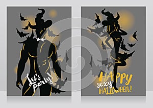 Banners for adult halloween party with man and woman in witch hat and bat`s silhouettes