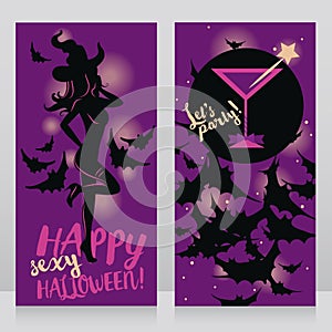 Banners for adult halloween party with woman in witch hat and glamour cocktail