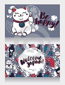 Banners for asian travels with traditional japanese souvenir - maneki neko