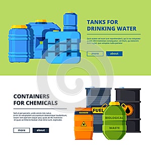 Banners with barrels. Various horizontal banners template with illustrations of different water and oil tanks