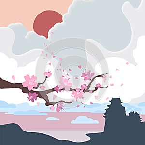 Banners with blossoming oriental cherry branch in traditional japanese sumi-e style on vintage background. Hieroglyph sakura with