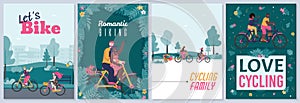 Banners with cartoon couples on a bike ride, flat vector illustrations.
