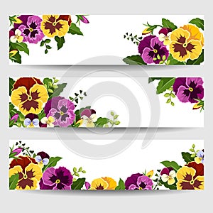 Banners with colorful pansy flowers. Vector illustration.