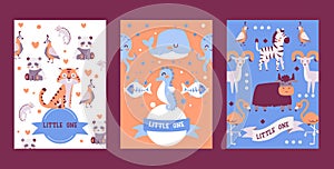 Banners with cute animals in cartoon style, vector illustration. Children zoo invitation, zoology book cover, greeting photo