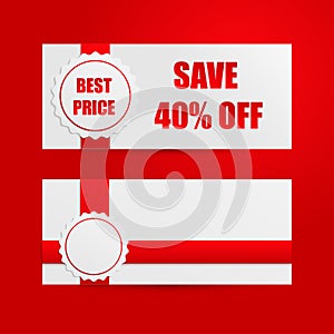Banners with discount paper badges on red background with red te