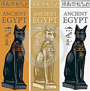 Banners with Egyptian goddess Bastet and hieroglyphs