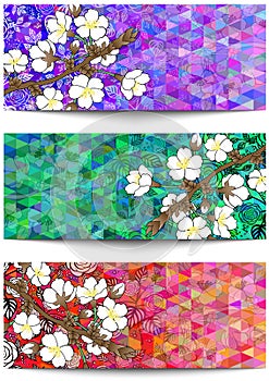 Banners with floral branch and triangle background