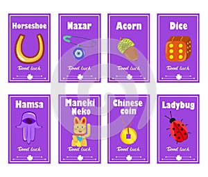 Banners good luck charms: maneki neko, horseshoe, nazar, hamsa, acorn, ladybug. Collection of symbols of good luck