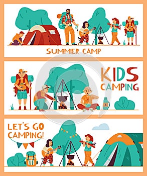Banners for kids summer camp with adventure hiking and camping for boys and girls