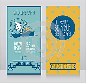 Banners for kids touristic camp with cute cartoon girl cooking marshmallow