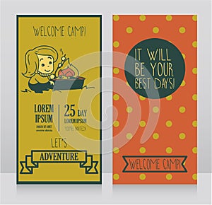 Banners for kids touristic camp with cute cartoon girl cooking marshmallow