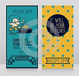 Banners for kids touristic camp with cute cartoon girl cooking marshmallow