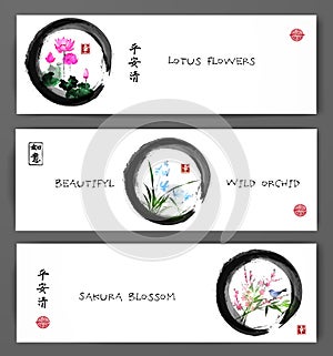 Banners with lotus flowers, wild orchid and sakura blossom in zen circle. Oriental painting sumi-e, u-sin, go-hua