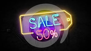 Banners, neon signs, background signs 50% sale for promotional videos The business concept of clearance and sales