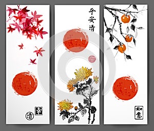 Banners with red japanese maple, chrysanthemum and date plum tree. Oriental ink painting sumi-e, u-sin, go-hua. Contains