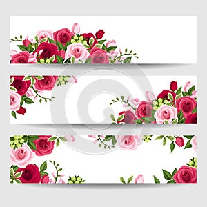 Banners with red and pink roses and freesia flowers. Vector illustration.