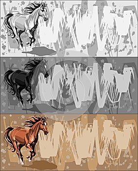 Banners with running horse on grunge bacground