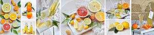 Banners set of citrus fruits and alcohol drinks. Fresh organic juicy fruit - mandarin, lemon, grapefruit. Orange flavored liqueur,