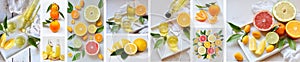 Banners set of citrus fruits and alcohol drinks. Fresh organic juicy fruit - mandarin, lemon, grapefruit. Orange flavored liqueur,