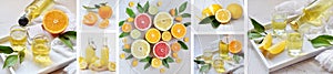 Banners set of citrus fruits and alcohol drinks. Fresh organic juicy fruit - mandarin, lemon, grapefruit. Orange flavored liqueur,