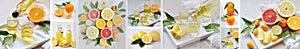 Banners set of citrus fruits and alcohol drinks. Fresh organic juicy fruit - mandarin, lemon, grapefruit. Orange flavored liqueur,