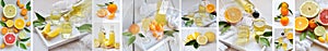 Banners set of citrus fruits and alcohol drinks. Fresh organic juicy fruit - mandarin, lemon, grapefruit. Orange flavored liqueur,