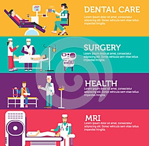 Banners set of clinic dental, surgery, health care and medical examination doctor collection concept. Vector business