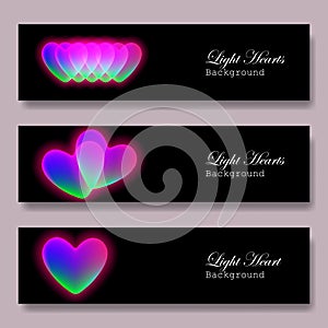 Banners set with colorful bubble hearts on a black background