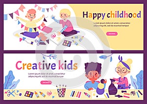 Banners set with creative happy children doing crafts flat vector illustration.