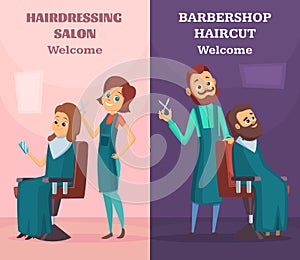 Banners set with illustrations of hairdressers at work