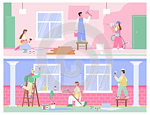 Banners set with teams of painters and craftsmen cartoon vector illustration.