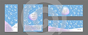 Banners Set with Water Drops and text. Vector 3D realistic. transparent Bubbles on Blue modern background. rain, water, condensate