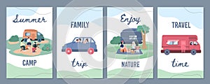 Banners for summer camp and family car travel, flat vector illustration.