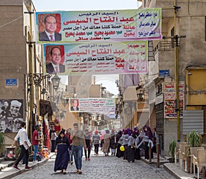 Banners supporting current Egyptian president Abdel-Fattah El-Sisi for for presidential elections atAl Moez Street, Cairo, Egypt