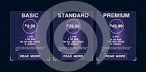 Three banners. Pricelist, hosting plans and web design boxes of banners.