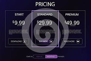 Three banners. Pricelist, hosting plans and web design boxes of banners.