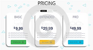 Three banners. Pricelist, hosting plans and web design boxes of banners.