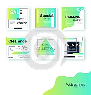 Banners, templates for social media post promotion. Geometric square backgrounds
